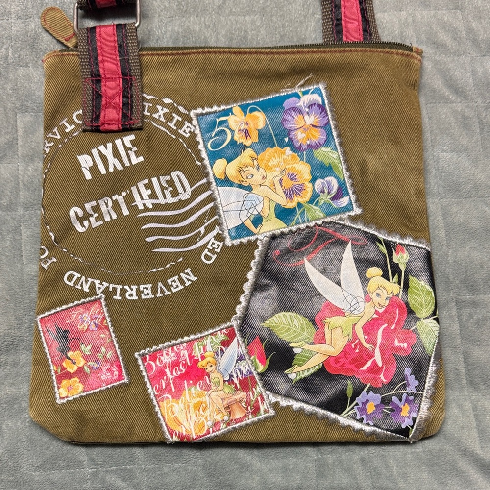 Disney Tinkerbell Crossbody Bag, Purse, Travel Stamps, Olive Green, Vegan